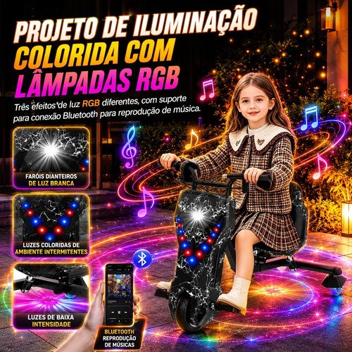 Patinete Elétrico Triciclo Drift Infantil 350W 36V Bluetooth LED 3 Velocidades Motor Brushless Luzes RGB Freio Manual Capacete Kit Proteção Bateria Lítio Ajustável Até 100kg Preto
