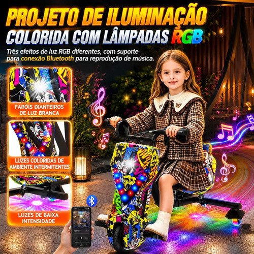 Patinete Elétrico Triciclo Drift Infantil 350W 36V Bluetooth LED 3 Velocidades Motor Brushless Luzes RGB Freio Manual Capacete Kit Proteção Bateria Lítio Ajustável Até 100kg Graffiti