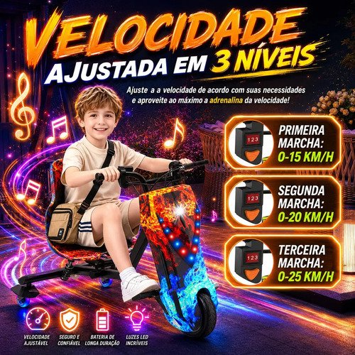 Patinete Elétrico Triciclo Drift Infantil 350W 36V Bluetooth LED 3 Velocidades Motor Brushless Luzes RGB Freio Manual Capacete Kit Proteção Bateria Lítio Ajustável Até 100kg Fogo e Gelo