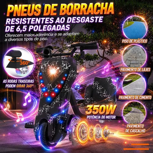 Patinete Elétrico Triciclo Drift Infantil 350W 36V Bluetooth LED 3 Velocidades Motor Brushless Luzes RGB Freio Manual Capacete Kit Proteção Bateria Lítio Ajustável Até 100kg Preto