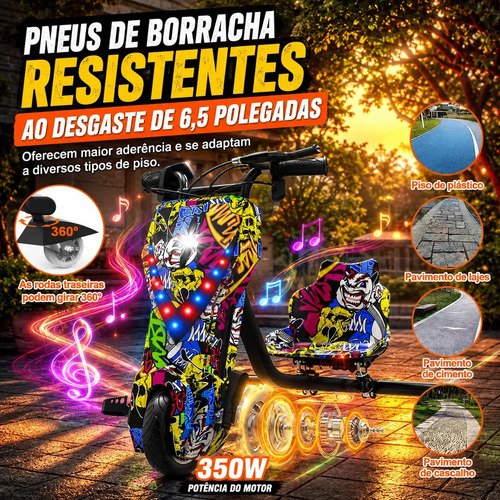 Patinete Elétrico Triciclo Drift Infantil 350W 36V Bluetooth LED 3 Velocidades Motor Brushless Luzes RGB Freio Manual Capacete Kit Proteção Bateria Lítio Ajustável Até 100kg Graffiti