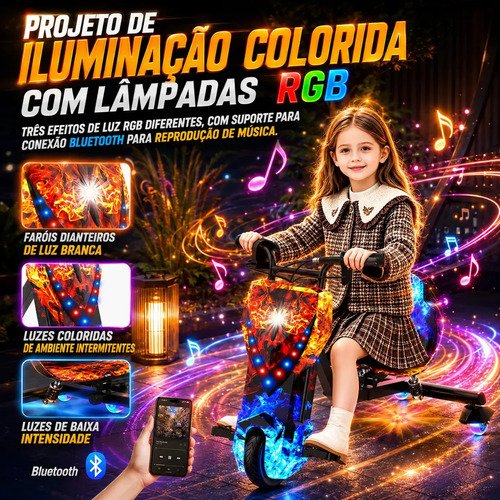 Patinete Elétrico Triciclo Drift Infantil 350W 36V Bluetooth LED 3 Velocidades Motor Brushless Luzes RGB Freio Manual Capacete Kit Proteção Bateria Lítio Ajustável Até 100kg Fogo e Gelo