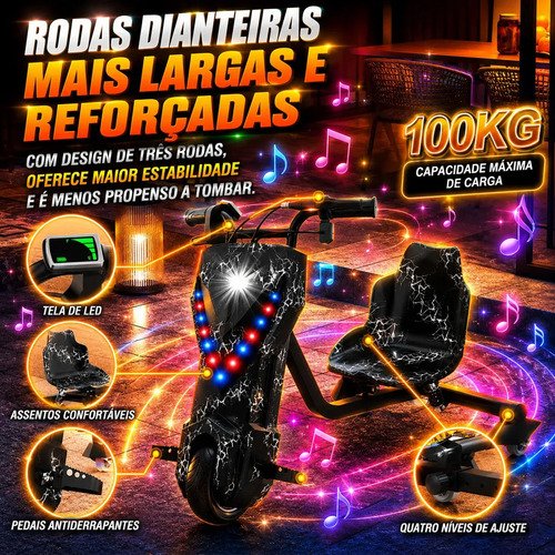 Patinete Elétrico Triciclo Drift Infantil 350W 36V Bluetooth LED 3 Velocidades Motor Brushless Luzes RGB Freio Manual Capacete Kit Proteção Bateria Lítio Ajustável Até 100kg Preto