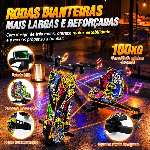 Patinete Elétrico Triciclo Drift Infantil 350W 36V Bluetooth LED 3 Velocidades Motor Brushless Luzes RGB Freio Manual Capacete Kit Proteção Bateria Lítio Ajustável Até 100kg Graffiti