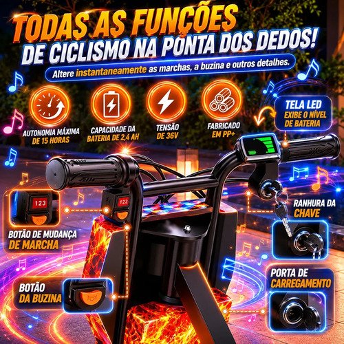 Patinete Elétrico Triciclo Drift Infantil 350W 36V Bluetooth LED 3 Velocidades Motor Brushless Luzes RGB Freio Manual Capacete Kit Proteção Bateria Lítio Ajustável Até 100kg Fogo e Gelo