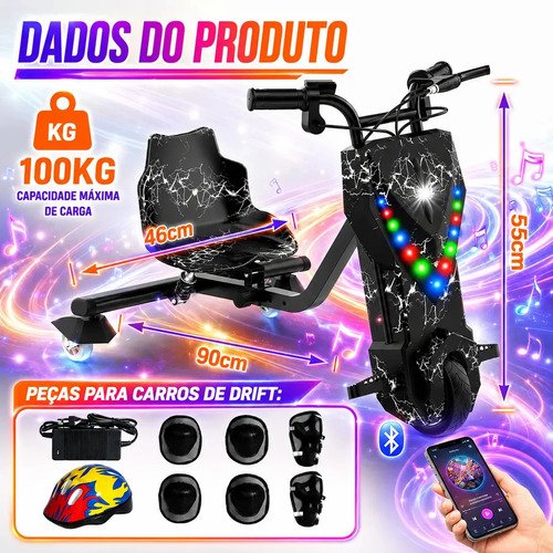 Patinete Elétrico Triciclo Drift Infantil 350W 36V Bluetooth LED 3 Velocidades Motor Brushless Luzes RGB Freio Manual Capacete Kit Proteção Bateria Lítio Ajustável Até 100kg Preto