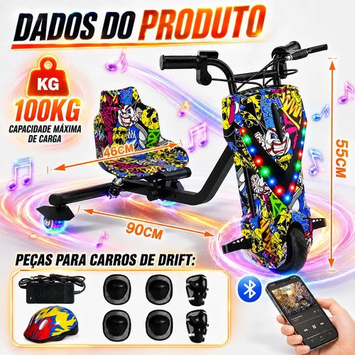 Patinete Elétrico Triciclo Drift Infantil 350W 36V Bluetooth LED 3 Velocidades Motor Brushless Luzes RGB Freio Manual Capacete Kit Proteção Bateria Lítio Ajustável Até 100kg Graffiti
