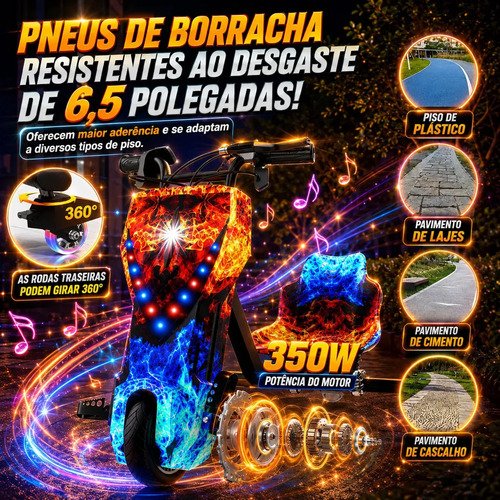 Patinete Elétrico Triciclo Drift Infantil 350W 36V Bluetooth LED 3 Velocidades Motor Brushless Luzes RGB Freio Manual Capacete Kit Proteção Bateria Lítio Ajustável Até 100kg Fogo e Gelo