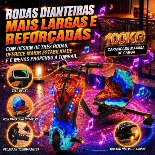 Patinete Elétrico Triciclo Drift Infantil 350W 36V Bluetooth LED 3 Velocidades Motor Brushless Luzes RGB Freio Manual Capacete Kit Proteção Bateria Lítio Ajustável Até 100kg Fogo e Gelo
