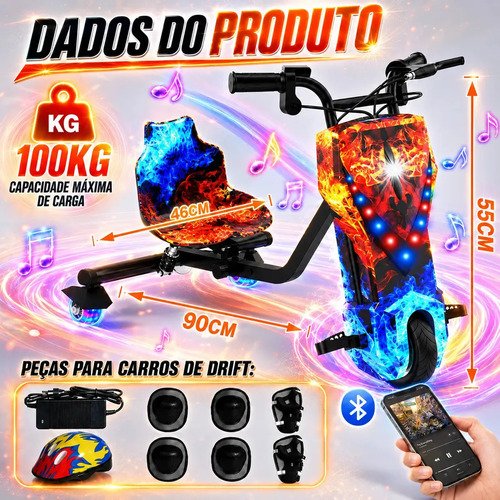 Patinete Elétrico Triciclo Drift Infantil 350W 36V Bluetooth LED 3 Velocidades Motor Brushless Luzes RGB Freio Manual Capacete Kit Proteção Bateria Lítio Ajustável Até 100kg Fogo e Gelo