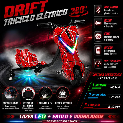 Patinete Elétrico Triciclo Infantil Drift 350w 36v Bluetooth