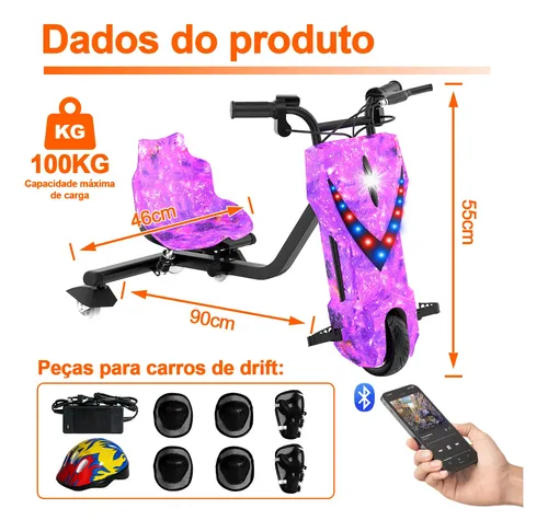 Patinete Elétrico Triciclo Infantil Drift 350w 36v Bluetooth