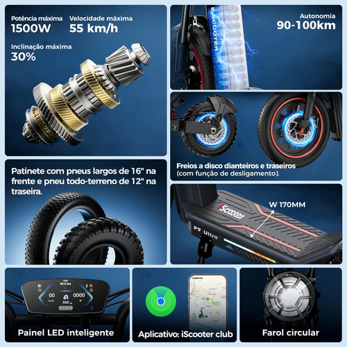 Patinete Elétrico Xroymexroy F7 Ultra 1500W para Todo Terreno com 100km de Autonomia