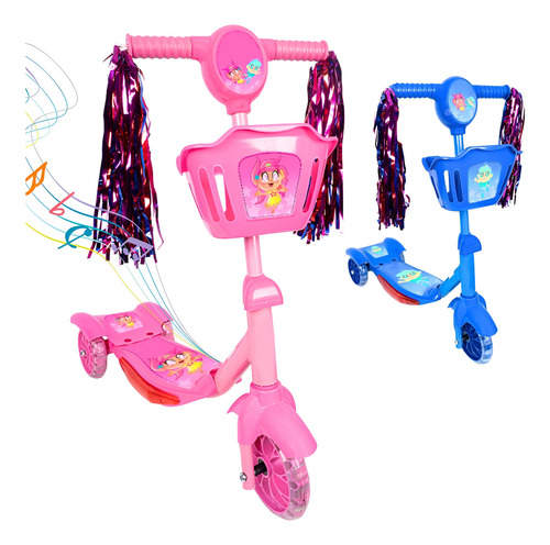 Patinete infantil 3 rodas com led som e cesta menino menina