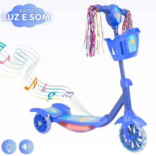 Patinete Infantil 3 Rodas Com Led Som E Cesta Menino Menina Cor Azul