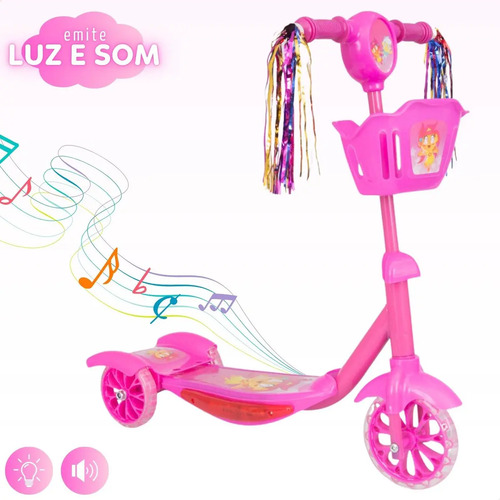 Patinete Infantil 3 Rodas Com Led Som E Cesta Menino Menina Cor Rosa