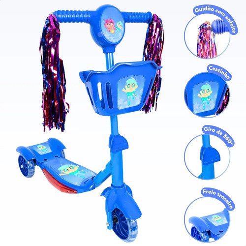 Patinete Infantil 3 Rodas Com Led Som E Cesta Menino Menina Cor Azul