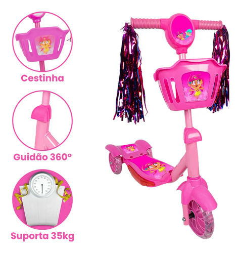 Patinete Infantil 3 Rodas Com Led Som E Cesta Menino Menina Cor Rosa