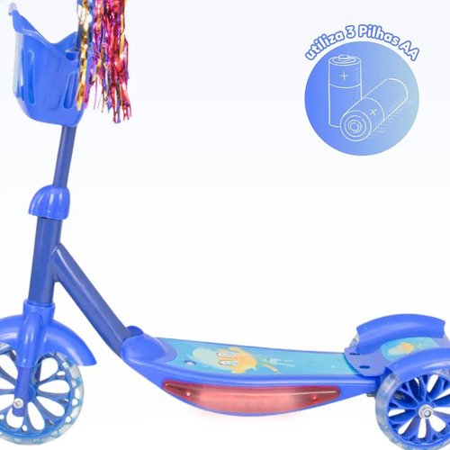 Patinete Infantil 3 Rodas Com Led Som E Cesta Menino Menina Cor Azul