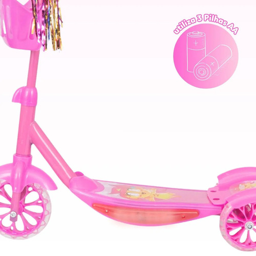 Patinete Infantil 3 Rodas Com Led Som E Cesta Menino Menina Cor Rosa