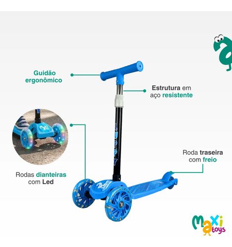 Patinete Infantil 3 Rodas Led Dobrável Luppy Azul Maxi Toys