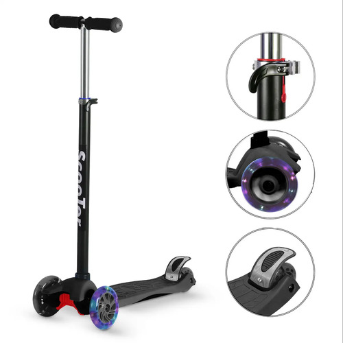 Patinete infantil amg ajustavel 4 rodas led preto ate 70kg