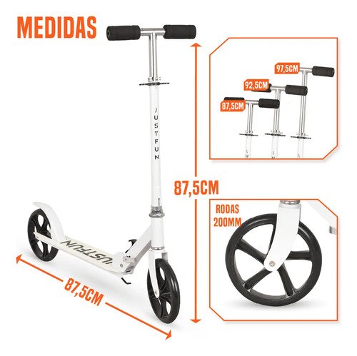 Patinete Infantil Juvenil 2 Rodas Dobrável JustFun Brinquedos Cor Branco