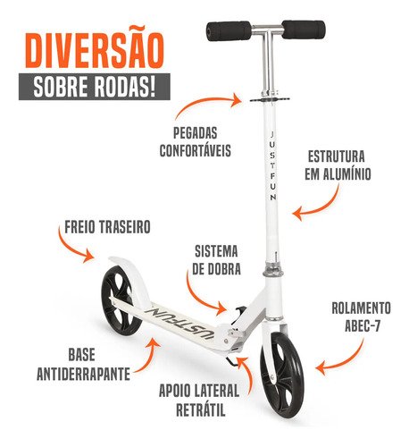 Patinete Infantil Juvenil 2 Rodas Dobrável JustFun Brinquedos Cor Branco