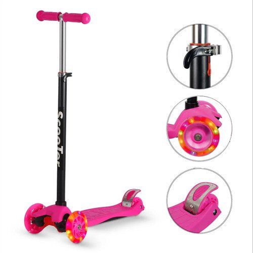 Patinete infantil rosa 4 rodas luz led reforcado altura ajus