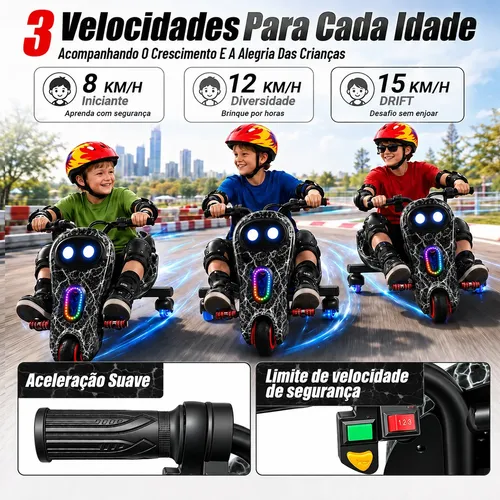 Patinete Triciclo Elétrico Drift Infantil C/ Led Y Bluetooth