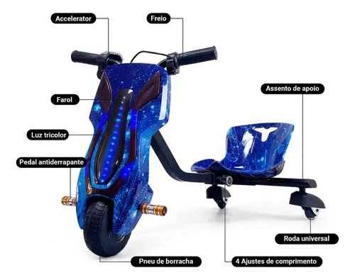 Patinete Triciclo Infantil Drift Elétrico 250w 36v 90kg 15km
