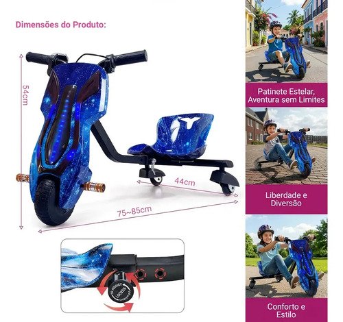 Patinete Triciclo Infantil Drift Elétrico 250w 36v 90kg 15km
