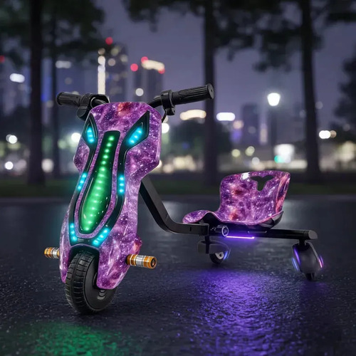 Patinete triciclo infantil drift eletrico led 90kg 15km viol