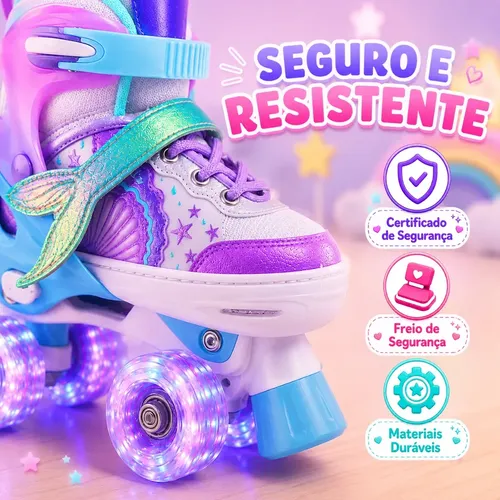 Patins Infantil Menina Led Iluminado Feminino 4 Rodas Sereia