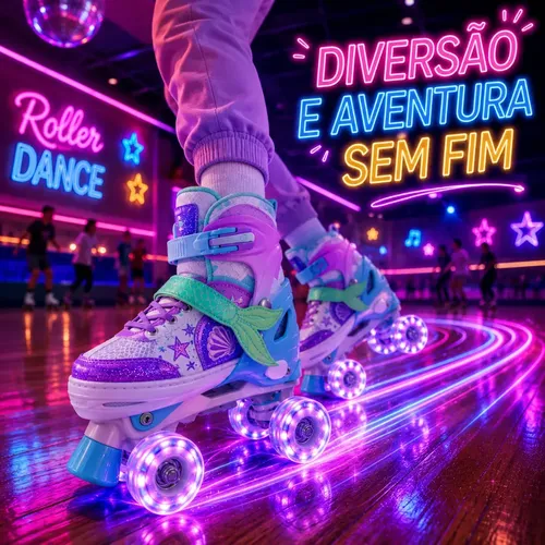 Patins Infantil Menina Led Iluminado Feminino 4 Rodas Sereia