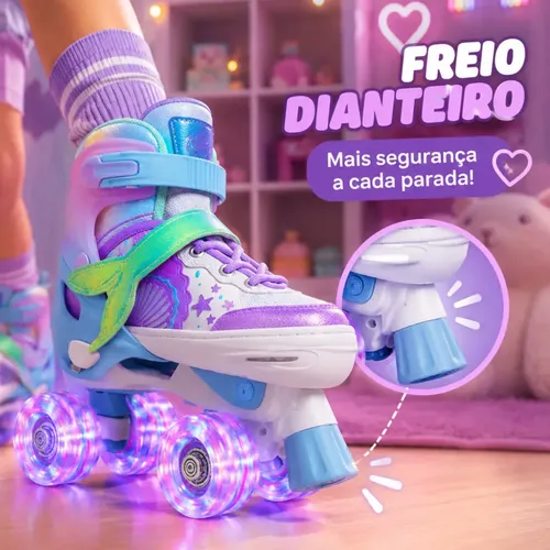 Patins Infantil Menina Led Iluminado Feminino 4 Rodas Sereia