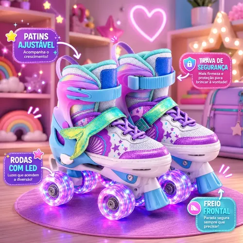 Patins Infantil Menina Led Iluminado Feminino 4 Rodas Sereia