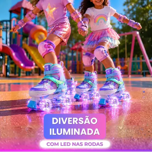 Patins Infantil Menina Led Iluminado Feminino 4 Rodas Sereia