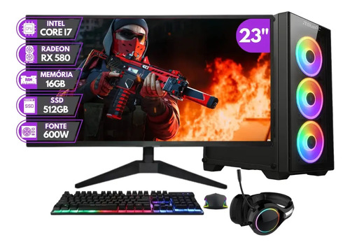 PC Gamer Completo BluePC RUSH - Intel Core i7 16GB RAM Radeon RX 580 8GB SSD 512GB Monitor 23" 75Hz Full HD - PGBP-RUS1049