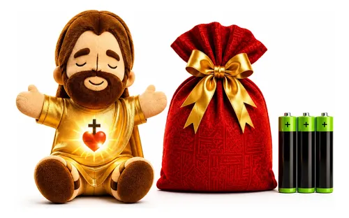 Pelucia jesus que respira pilhas saco de presente e laco