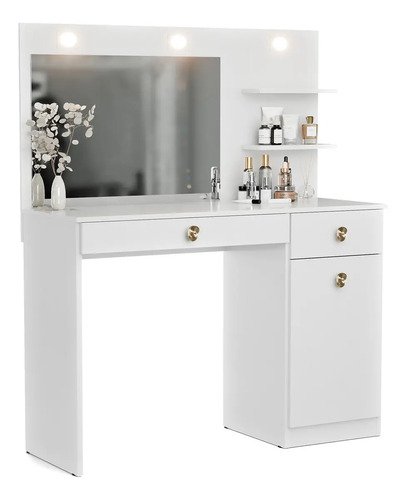 Penteadeira Camarim Jolie Com LED Espelho E 2 Gavetas Organizadora Maquiagem Para Studio E Quarto Cor Branco