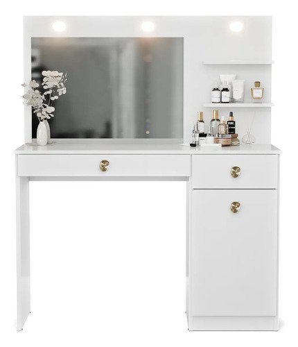 Penteadeira Camarim Jolie Com LED Espelho E 2 Gavetas Organizadora Maquiagem Para Studio E Quarto Cor Branco