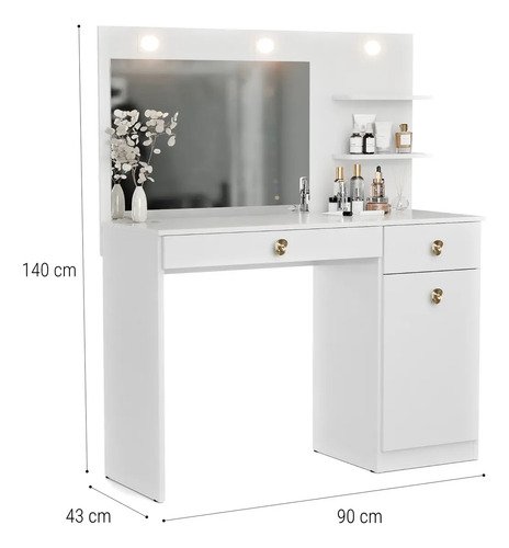Penteadeira Camarim Jolie Com LED Espelho E 2 Gavetas Organizadora Maquiagem Para Studio E Quarto Cor Branco