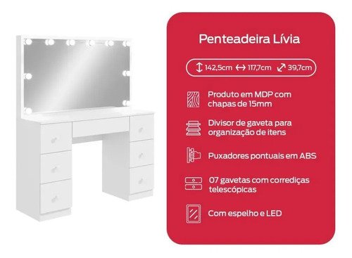 Penteadeira Móveis Lopas Camarim Espelhada 7 Gavetas Lívia branco