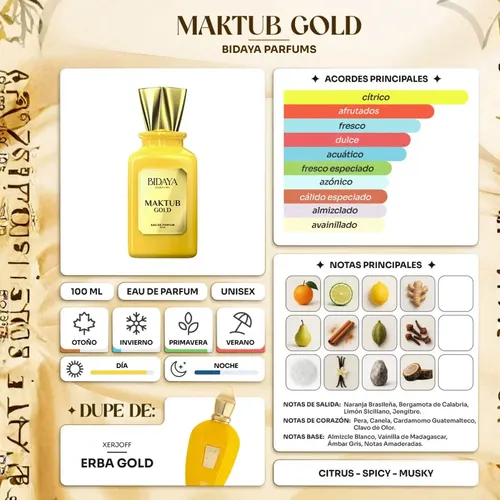 Perfume Árabe Maktub Gold 100ml Bidaya Eau De Parfum