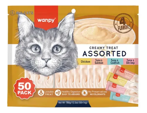 Petisco gatos wanpy truly creamy sabores variados com 50un