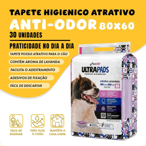 Petlike tapete higiênico para cães ultra pads lavanda 80cm x 60cm com 30 unidades