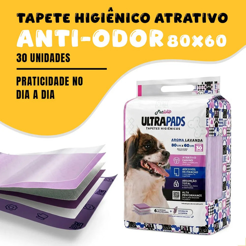 Petlike tapete higiênico para cães ultra pads lavanda 80cm x 60cm com 30 unidades