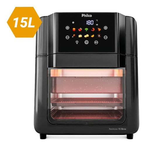 Philco PAF15C Fritadeira Air Fryer Oven 15 Litros Revestimento Redstone Porta Removível Luz Interna 10 Funções 220v Preta