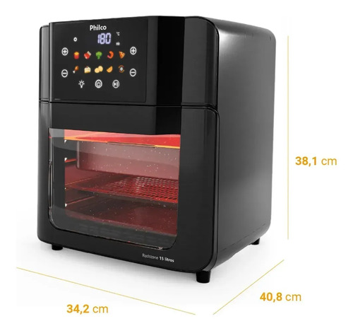 Philco PAF15C Fritadeira Air Fryer Oven 15 Litros Revestimento Redstone Porta Removível Luz Interna 10 Funções 220v Preta